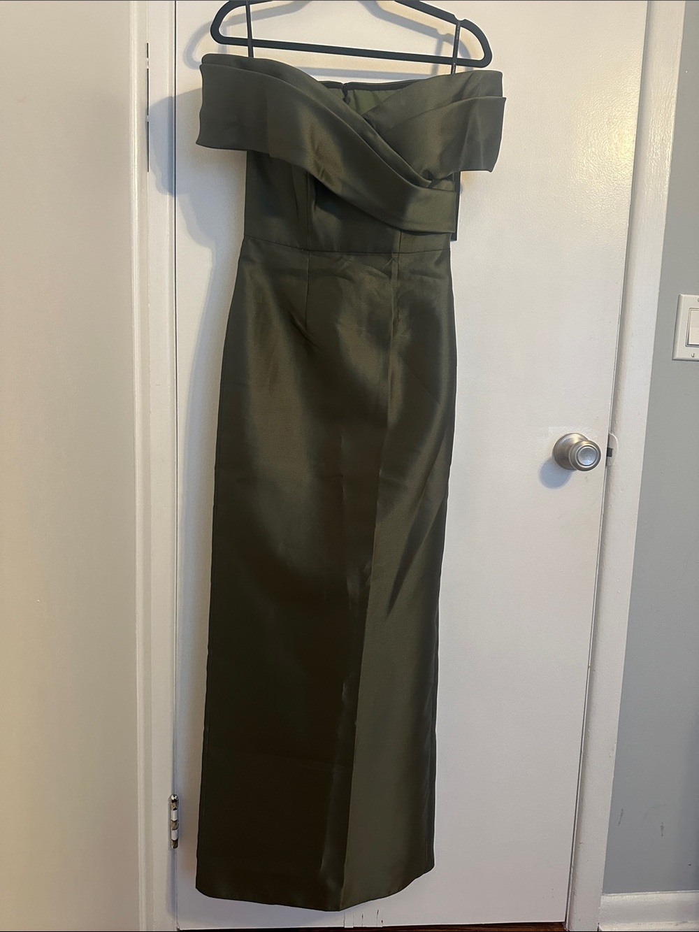 Dessy Elegant Off-Shoulder Olive Green Evening Gown- NWT